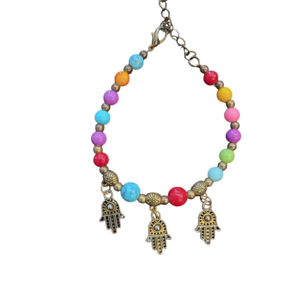 NWOT Hamsa Hand Evil Eye Triple Pendant Colorful Beaded Bracelet
